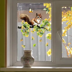 Autumn window static stickers featuring squirrel, yellow ginkgo leaves, and butterflies