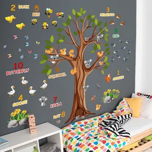 Detail of educational wall stickers featuring a tree, numbers and animals for kids