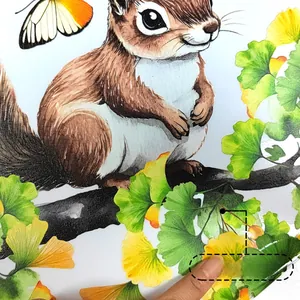 Detail of double-sided autumn squirrel and maple leaf window stickers with vivid colors