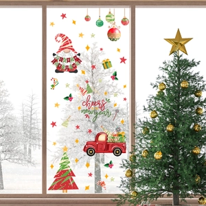 Stickers de fenêtre Noël avec gnome et camion rouge sur surface vitrée décorative