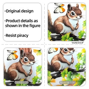 Detail of squirrel and leaf window decals showing high-quality double-sided printing effect