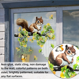 Detail of static cling window sticker with squirrels, ginkgo leaves and butterfly designs