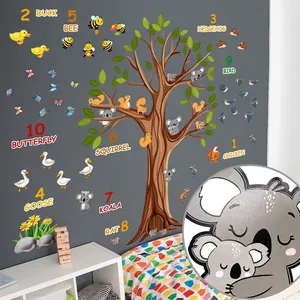 Detailed view of tree wall decal with animals and numbers showing no-white-edge design