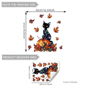 Autumn cat pumpkin static window stickers with maple leaves for home decoration
