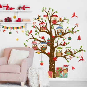 Christmas owl tree wall stickers set with Merry Christmas banner for festive living room decor