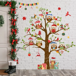Festive Christmas tree wall decal with cute cartoon owls and Merry Christmas banner