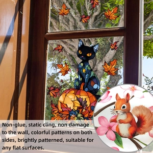 Detail of static autumn window stickers with pumpkins and cats in stained glass style