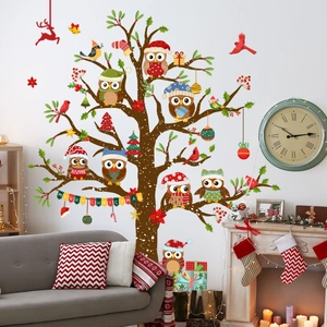 Detailed Christmas wall decal with cartoon owls on a festive tree and Merry Christmas banner