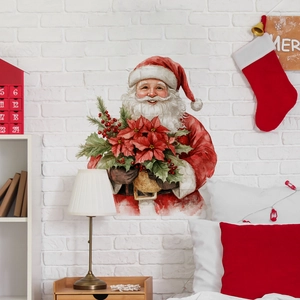 Self-adhesive Santa Claus wall sticker with poinsettia flowers on white brick wall