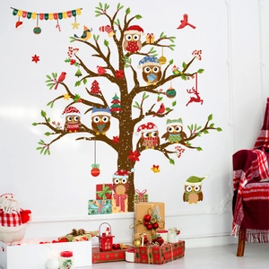 Christmas owl tree wall decals with Merry Christmas banner for living room decor