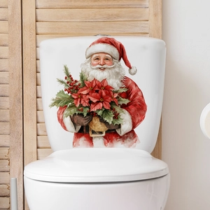 Close-up of Santa Claus toilet tank sticker with watercolor poinsettia and berries