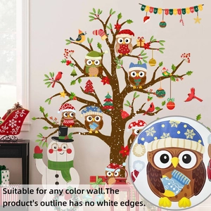 Detail of Christmas owl and tree wall decal showing no-border texture and vivid print quality