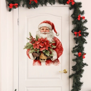 Detailed Santa Claus sticker with poinsettia bouquet on white wooden door decor