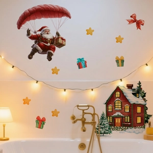 Detailed Christmas wall decals with Santa Claus skydiving and snow house on white tiles