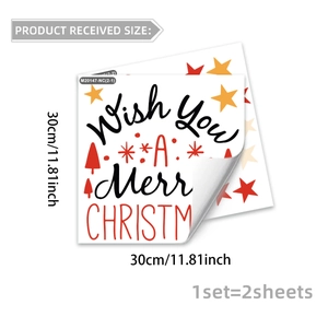Detail of two 30x30cm self-adhesive Christmas wall stickers with festive trees and stars