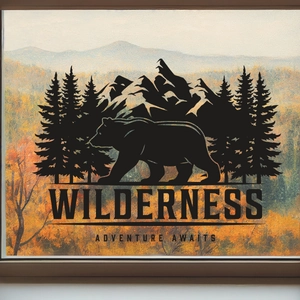 Adesivo per finestre nero Wilderness Adventure Awaits con sagome di foreste e animali