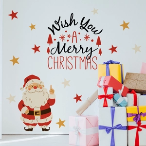 Detail of Christmas wall sticker with Santa Claus, artistic lettering and colorful stars