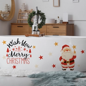 Festive Santa Claus bathtub stickers with Merry Christmas greeting and stars for bathroom decor