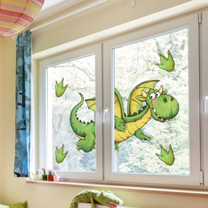 Niedliche grüne Cartoon-Drachen und Fußabdruck statische Fensteraufkleber Deko