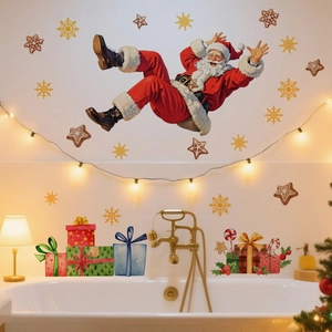 Detailed view of Santa Claus wall stickers with colorful gift boxes on white tiles