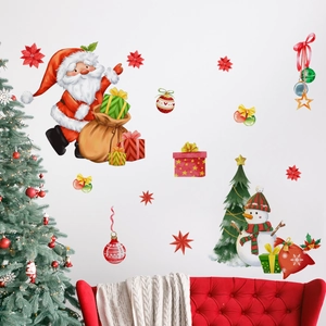 Detailed view of watercolor Santa Claus and snowman wall decals on white wall