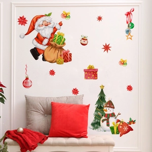 Watercolor Christmas Santa and snowman wall decals on a white living room wall