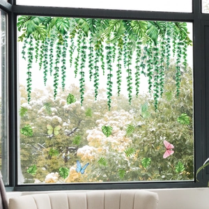 Tropical green leaves and colorful butterfly static window stickers for home glass decor