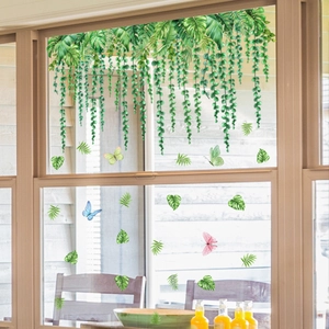Waterweight tropical green vine and butterfly static window stickers for home decor