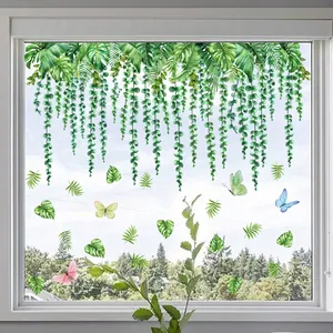 Tropical Green Leaves Vine Butterfly Window Cling Monstera Static Sticker Double Sided PVC Waterproof Home Decor For Glass Window Decoration