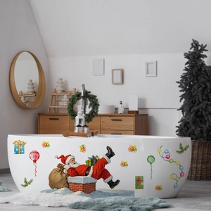 Waterproof Santa Claus wall stickers with gift bags on a white bathtub background