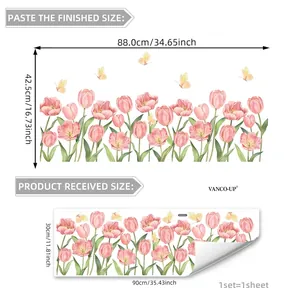 Pink tulip and butterfly window decals set with dimensions 88x42.5cm for room decoration