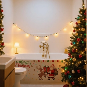 Detailed view of Merry Christmas bathtub stickers with Santa and reindeer on white tiles