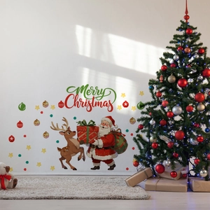 Detail of Christmas wall stickers featuring Santa, reindeer and colorful holiday ornaments
