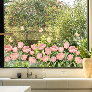 Pink tulip and yellow butterfly static window stickers for home glass decoration