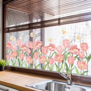 Pink tulip and yellow butterfly static window decals for home glass decoration