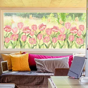 Floral Tulip Butterfly Window Stickers Static Cling Waterproof PVC Double Sided Visible Glass Decals For Home Decor