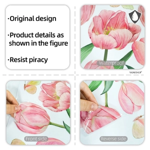 Waterproof pink tulip static window clings showing double-sided design and texture