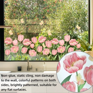Detail of static cling window film with pink tulips and butterflies on double-sided print