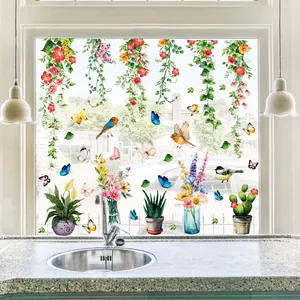 Self-adhesive window stickers featuring watercolor vine plants, flowers, and birds for decor