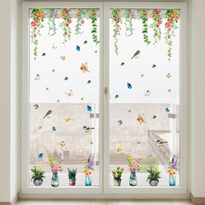 Floral vine window stickers with birds and potted plants for home glass decoration