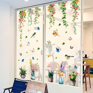 Self-adhesive watercolor window stickers with hanging vines, birds, and potted plants
