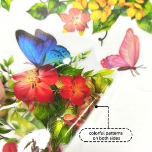 Detail showing double-sided floral and butterfly static window film with high transparency