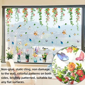 Detail showing colorful double-sided static cling window stickers with floral and bird patterns