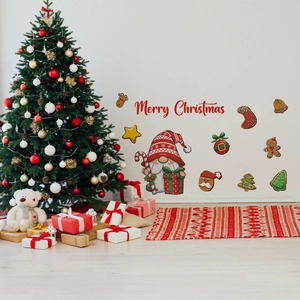 Cozy room scene with Merry Christmas gnome wall stickers and festive holiday tree decor