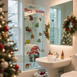 Cozy bathroom setting with festive Christmas gnome and holiday decals on a glass door