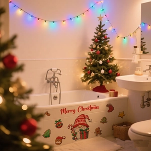 Detail of waterproof Christmas gnome stickers with Merry Christmas text on tile surfaces