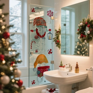 Christmas gnomes and candy cane window decals on glass with warm festive background