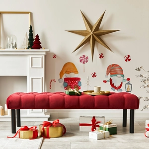 Red velvet tufted storage bench in a festive Christmas living room setting