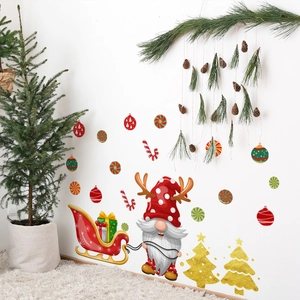 Detailed Christmas gnome wall stickers with colorful candy canes and gift sled on white wall