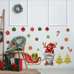 Christmas wall stickers set featuring cute gnomes, golden trees, and festive candy canes